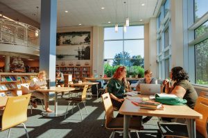 Students sitting and collaborating on work in a library