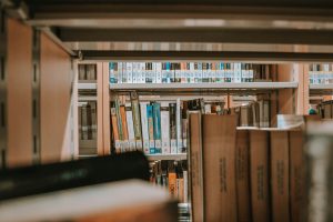 Assorted bookshelves in a university library.