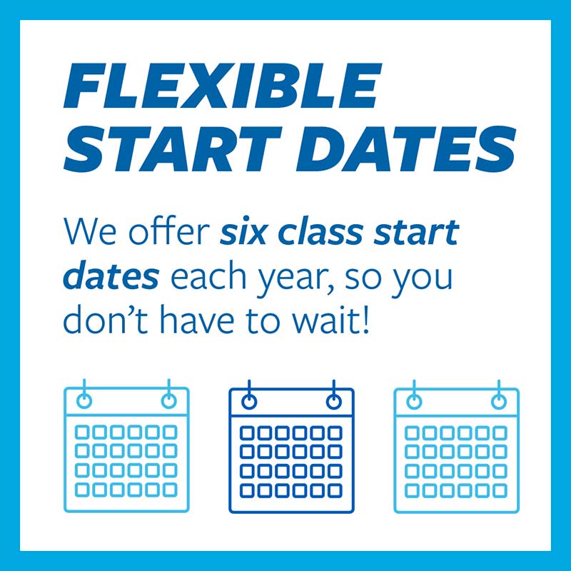 Flexible start dates: We offer six class start dates each year, so you don&rsquo;t have to wait!