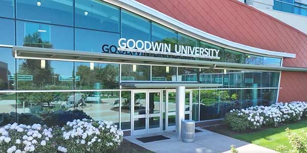 Closeup of the Goodwin University patio entrance