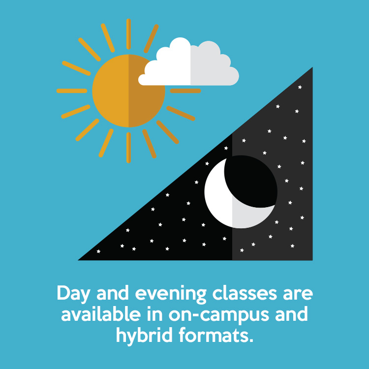 Day and evening classes are available in on-campus and hybrid formats.