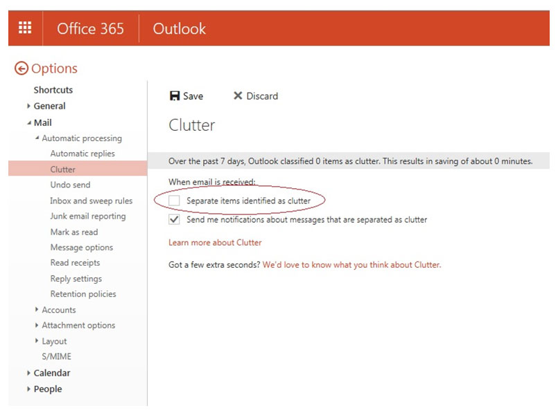 office 365 email clutter settings