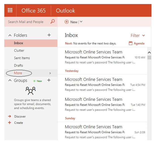 office 365 email expand more link to find deleted items folder