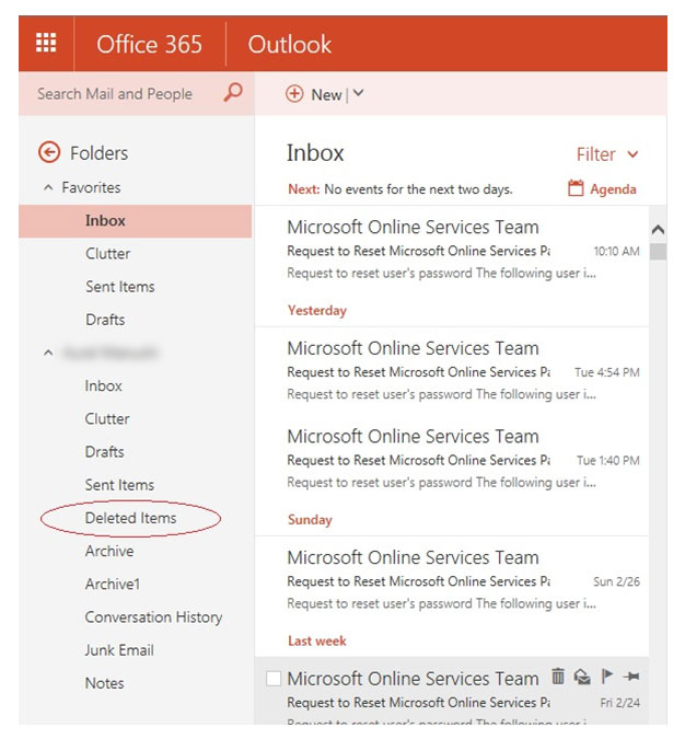 office 365 email deleted items folder