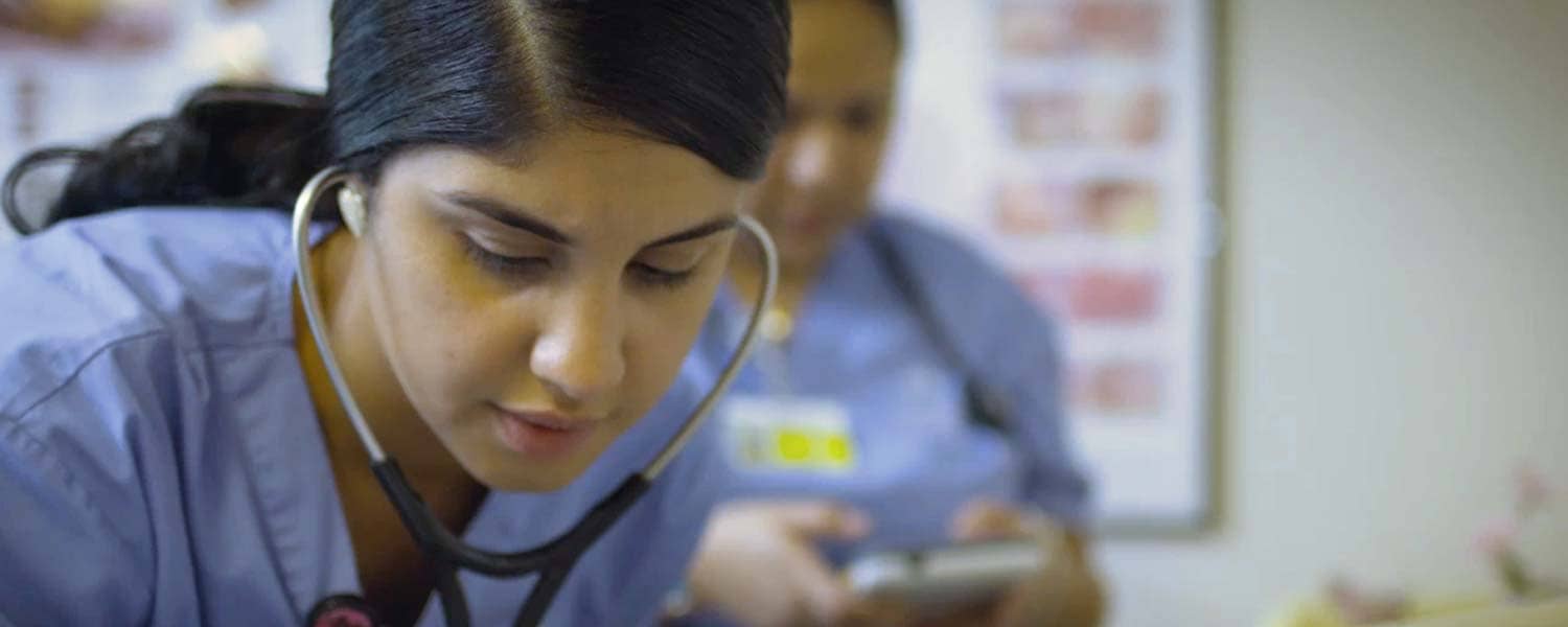 closeup of student wearing a stethoscope