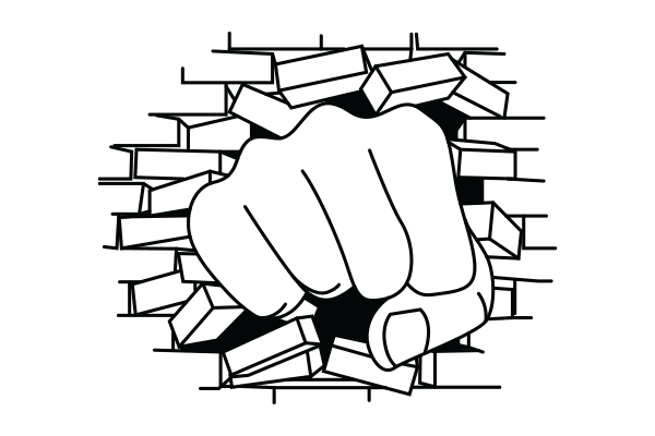 lineart drawing a fist punching through a brick wall