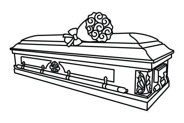 lineart drawing of a casket with flowers on top of it