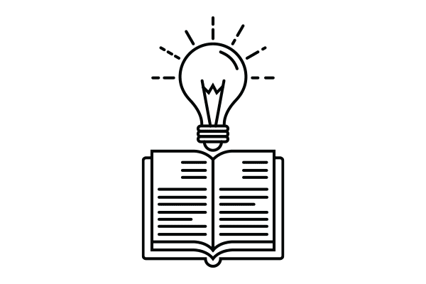 lineart drawing of an open book with a lightbulb above